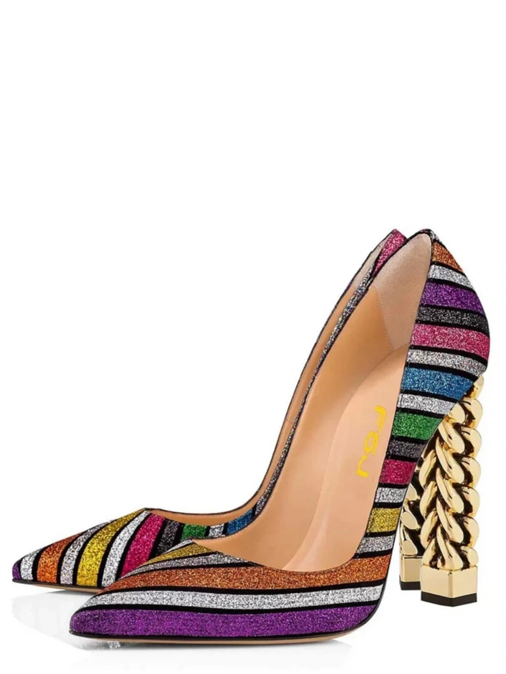 FSJ Rainbow Glitter Stripes Pumps with Gold Sculptural Heel - Picture 3 of 9